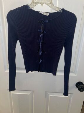 Elodie Navy Ribbed Long Sleeve Top with Front Ribbon Ties